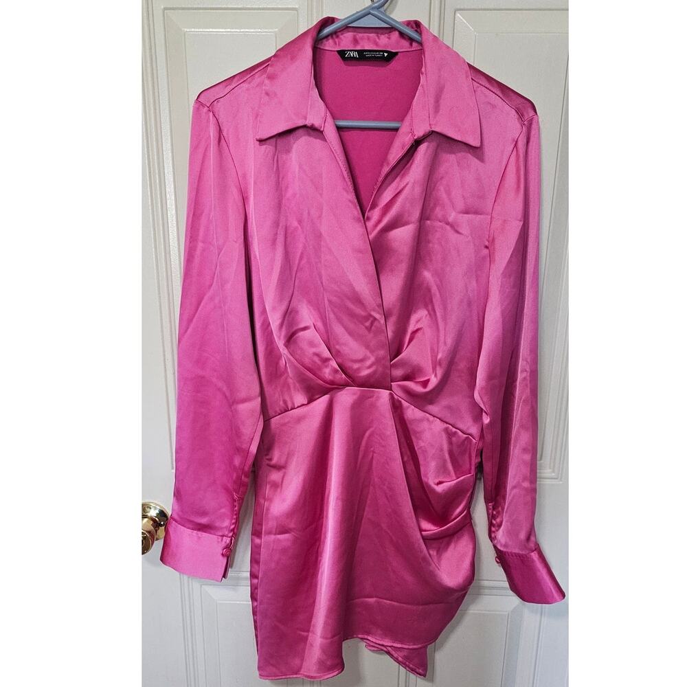 Zara Satin Effect Short Dress Hot Pink Ruched Wrap Mini - Long Sleeve size Small